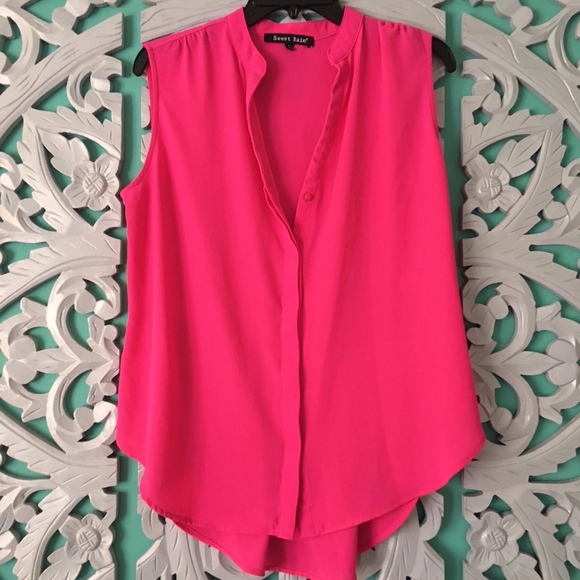 Sweet Rain Tops - Hot Pink Sleeveless Blouse Top